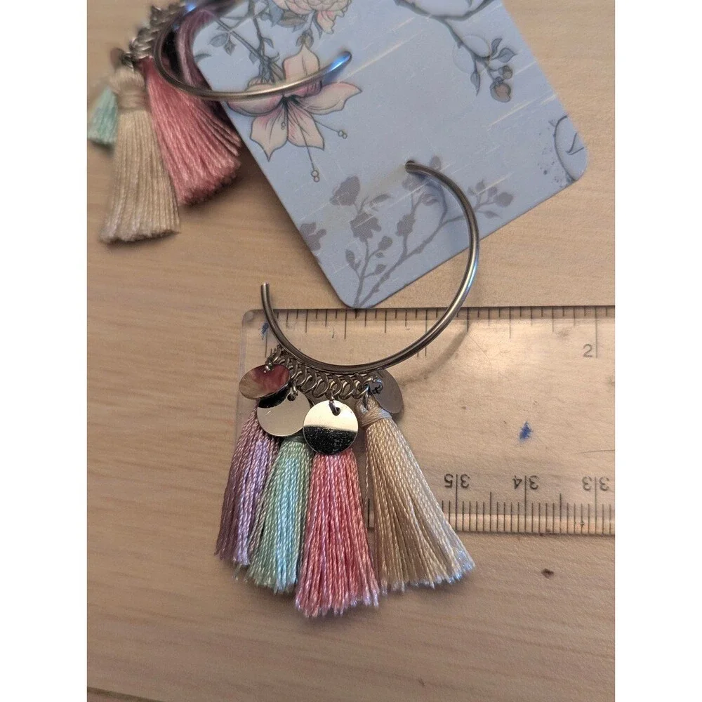 Kinsley Armelle Multi Colored Tassels Silver Metal Hoops Pierced Earrings